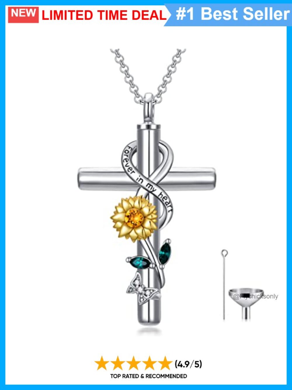 925 Sterling Silver Sunflower Cross Urn Necklace Birth Flower Ashes Memorial